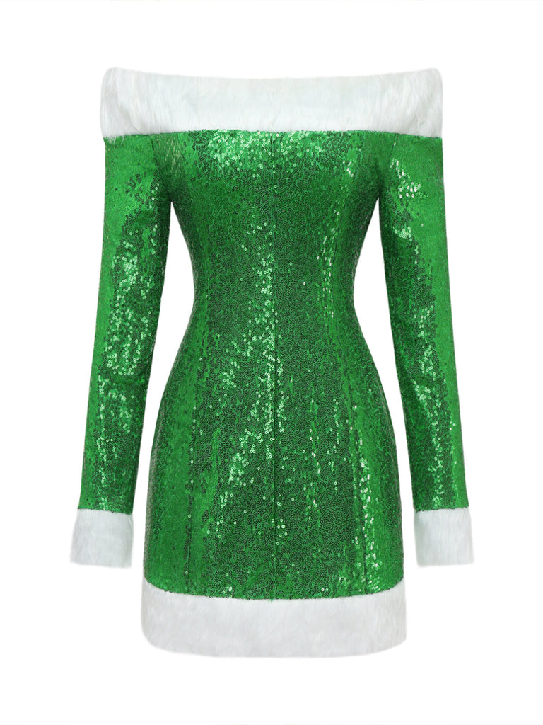 Robe verte de Noël à épaules dénudées, fausse fourrure blanche et sequins Années 1980 - 2