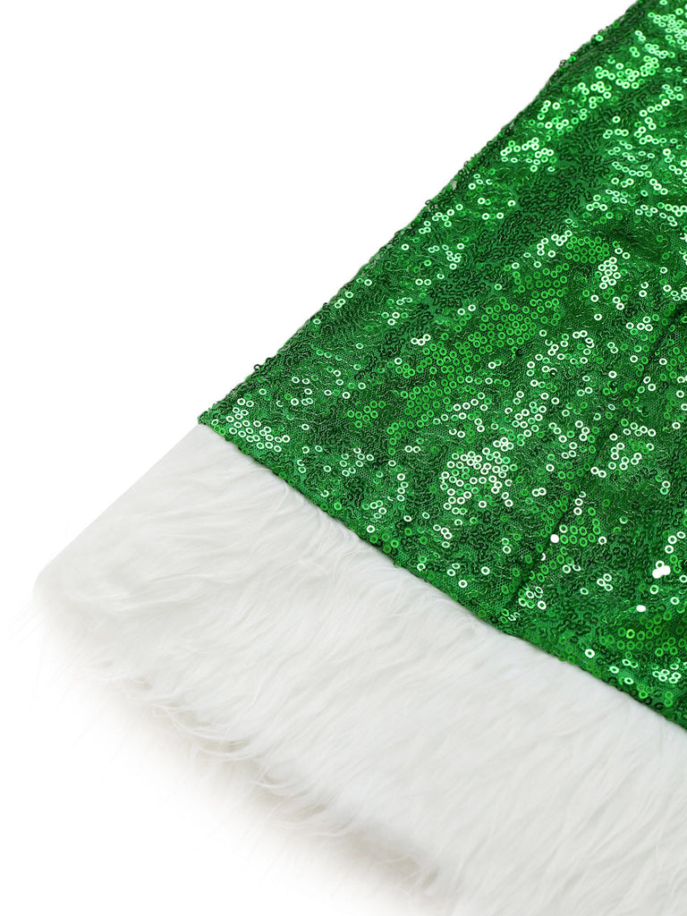 Robe verte de Noël à épaules dénudées, fausse fourrure blanche et sequins Années 1980 - 6