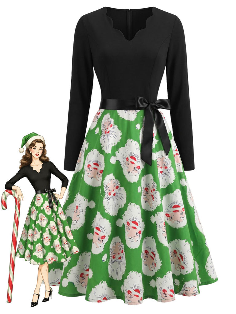 Robe verte de Noël à motif Père Noël et col V festonné Années 1950 - 1