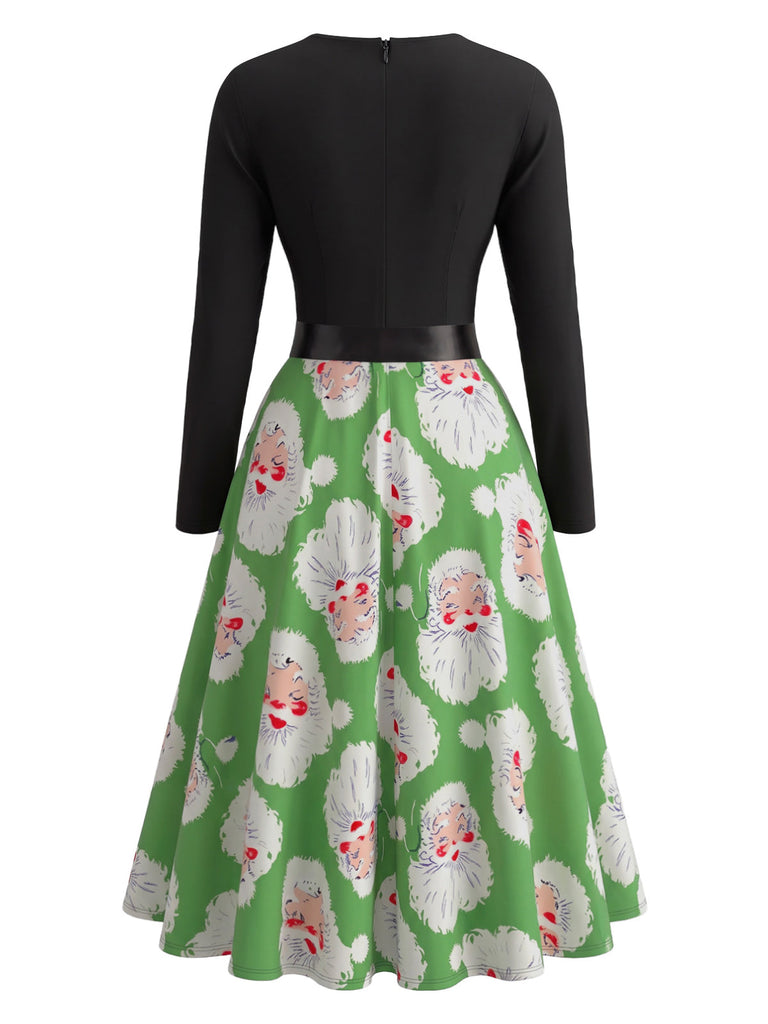 Robe verte de Noël à motif Père Noël et col V festonné Années 1950 - 3