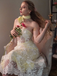 Robe bustier transparente dentelle brodée fleurs jaunes années 1950