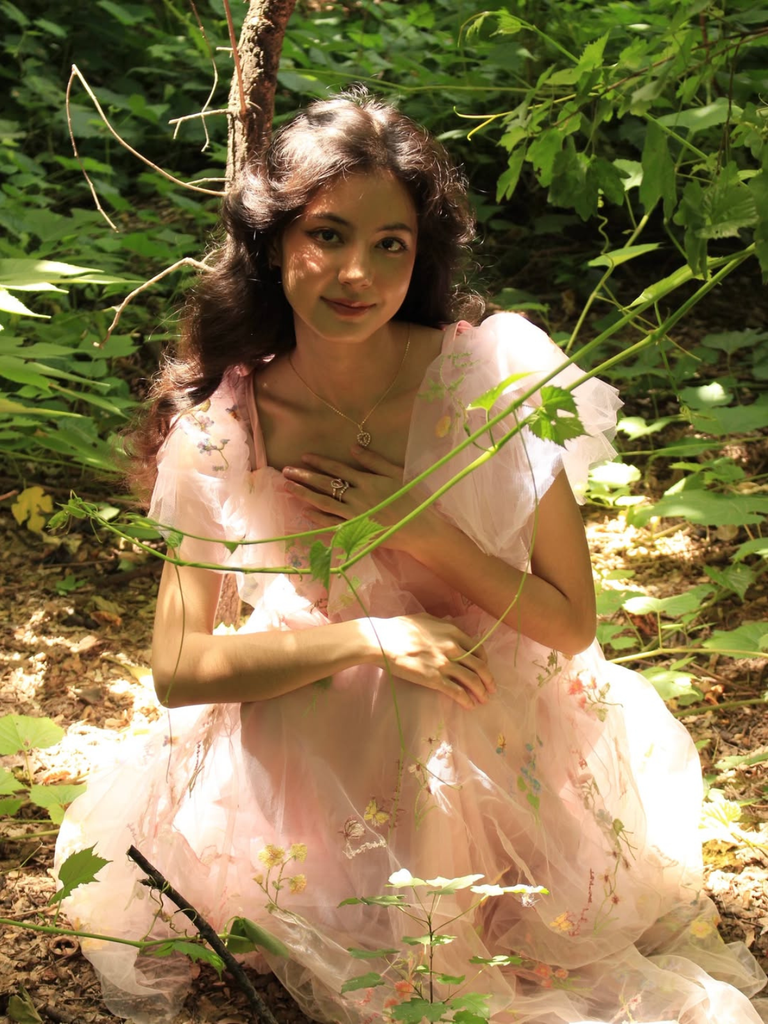 Robe fendue tulle fleurs rose 1970s