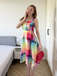 Robe trapèze larges bretelles carreaux colorés 1950s