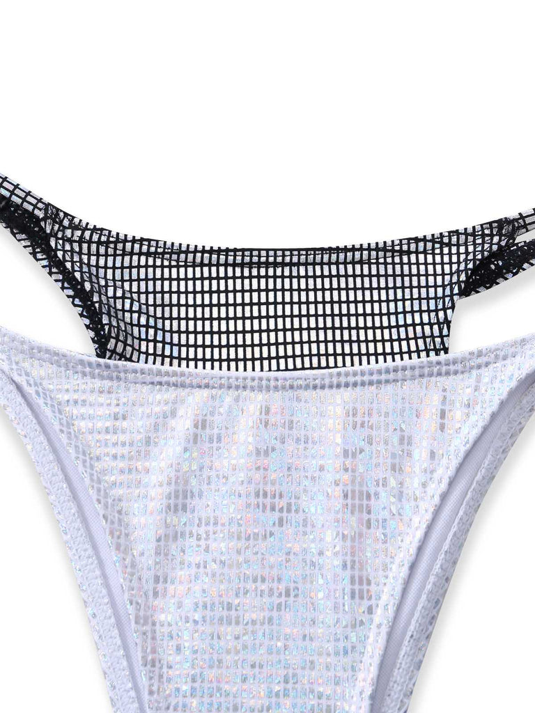 Argent Halter Chatoyant Faux Deux-Pièces Ensemble Bikini Années 1980 5