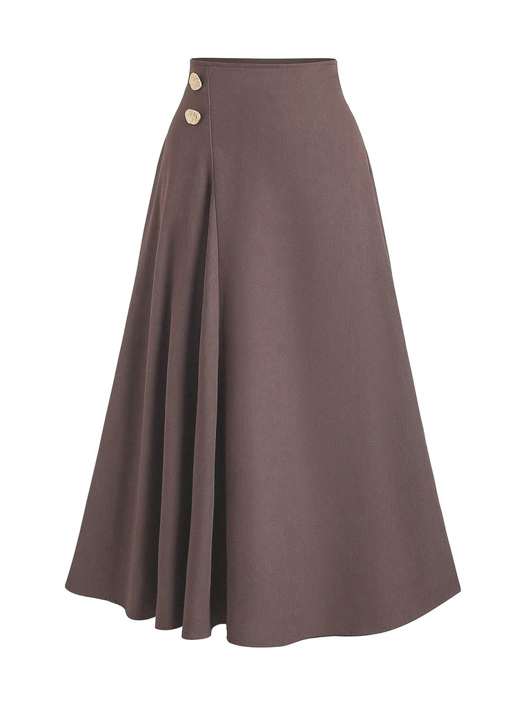 Marron Taille Haute Bouton Plissé Jupe Années 1980