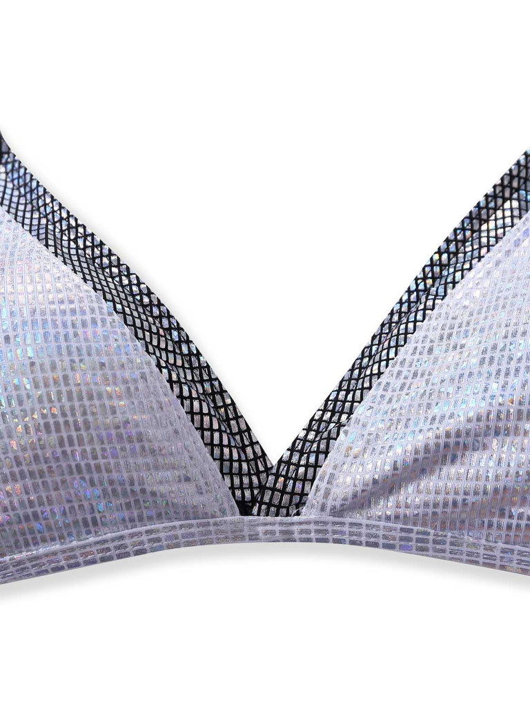Argent Halter Chatoyant Faux Deux-Pièces Ensemble Bikini Années 1980 3