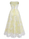 Rear view of the yellow dress highlighting the corset-style lace-up closure at the back.