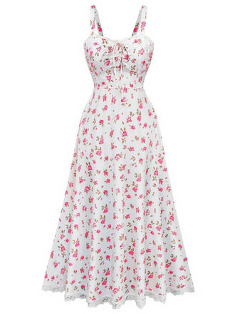 Robe patchwork en dentelle rose à bretelles roses des années 1940