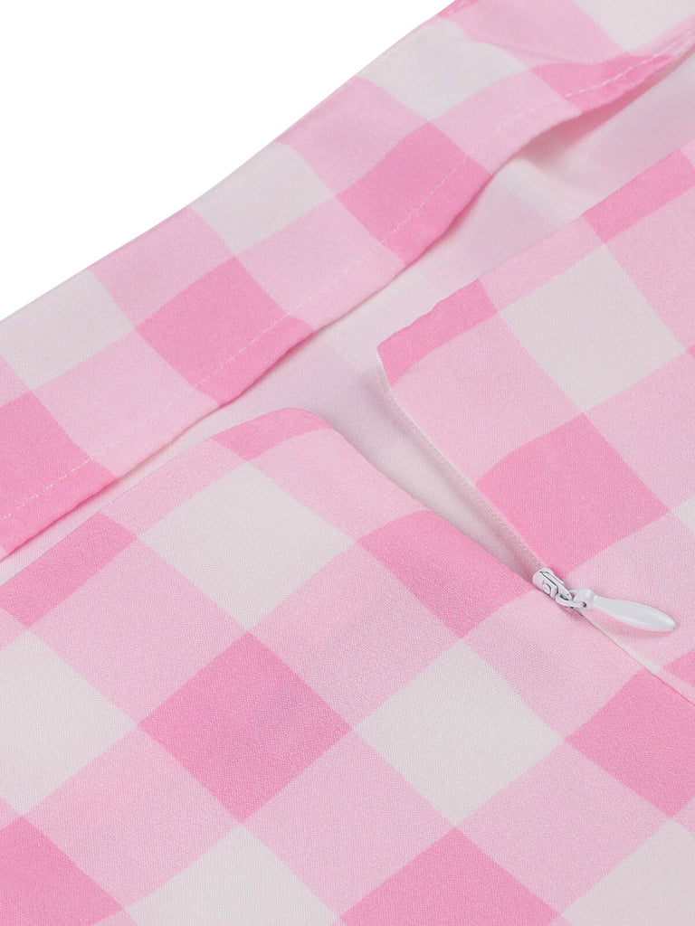 Robe rose grande taille à bretelles à carreaux des années 1950