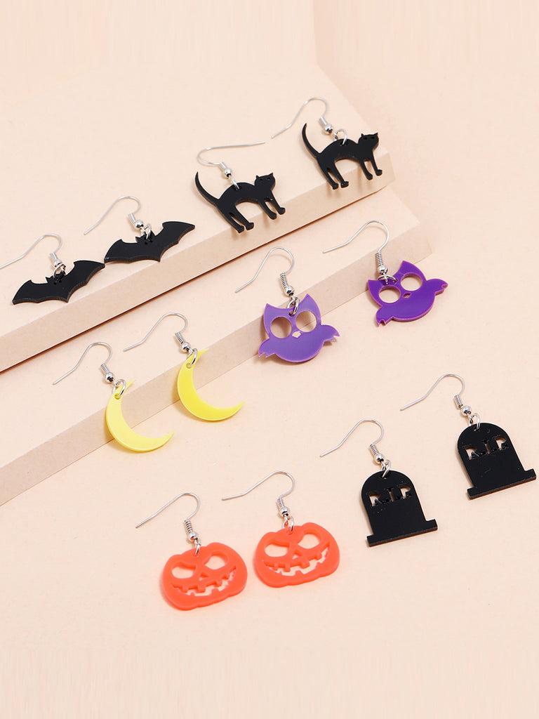 6 Paires Boucles d'Oreilles Chauve-Souris Chat Citrouilles Lune Hibou Fantôme