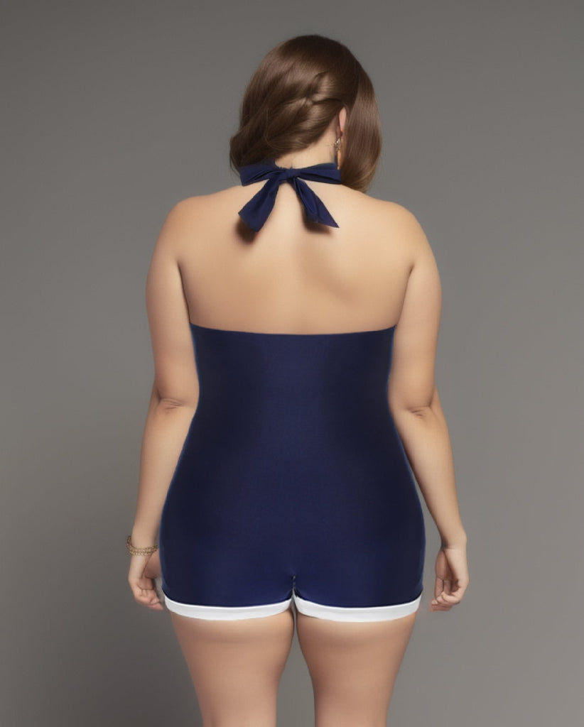 [Grande Taille] Maillot de bain bleu marine à licou plissé années 1950