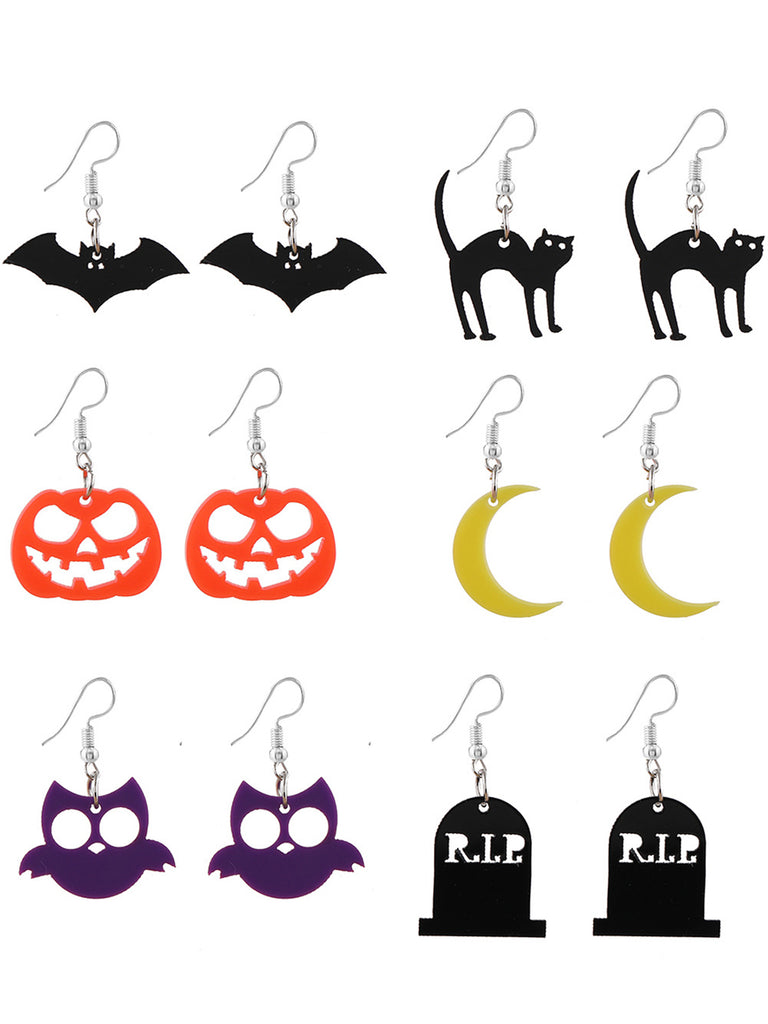 6 Paires Boucles d'Oreilles Chauve-Souris Chat Citrouilles Lune Hibou Fantôme
