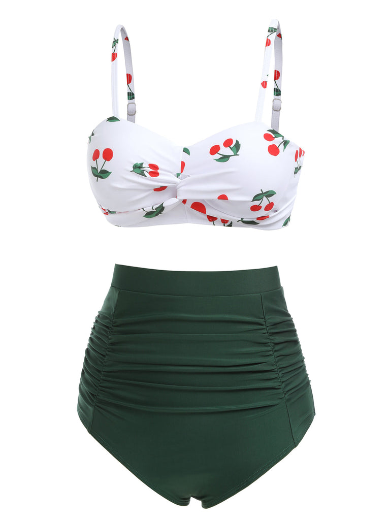 Ensemble de bikini taille haute à bretelles cerises 1950s