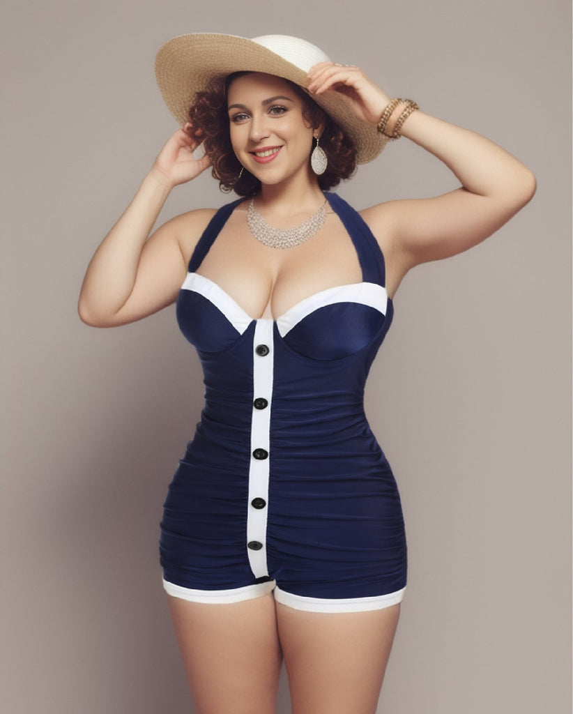 [Grande Taille] Maillot de bain bleu marine à licou plissé années 1950