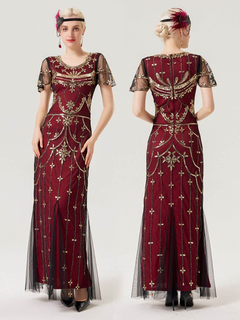 Robe Charleston à manches courtes en maille perlée des années 1920
