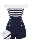 [Prévente] Combishort rayée à épaules dénudées et patchwork bleu marine