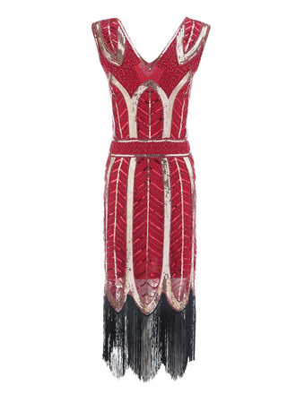 Robe Charleston Vintage Année 20 à Frange Gatsby à Paillettes Col en V Rouge