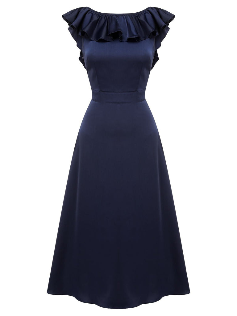 Robe de soirée bleu foncé à col à volants des années 1930