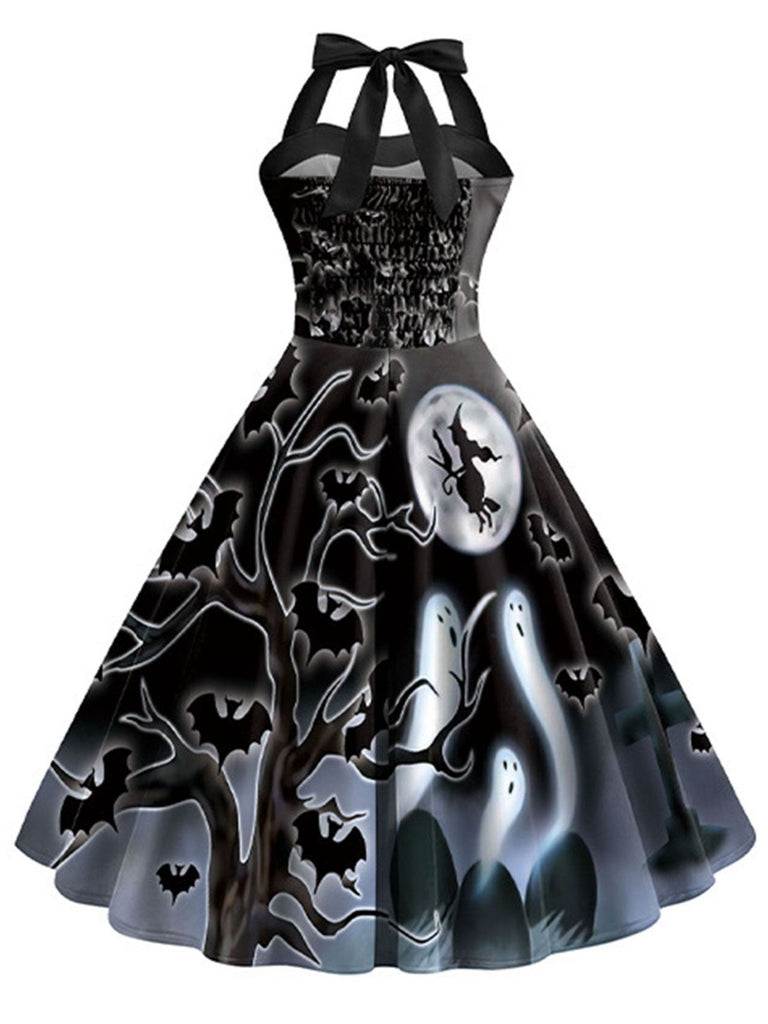 Robe trapèze noire Halloween Bat Halter des années 1950