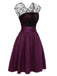 Robe violet foncé à col en V et patchwork en dentelle des années 1950