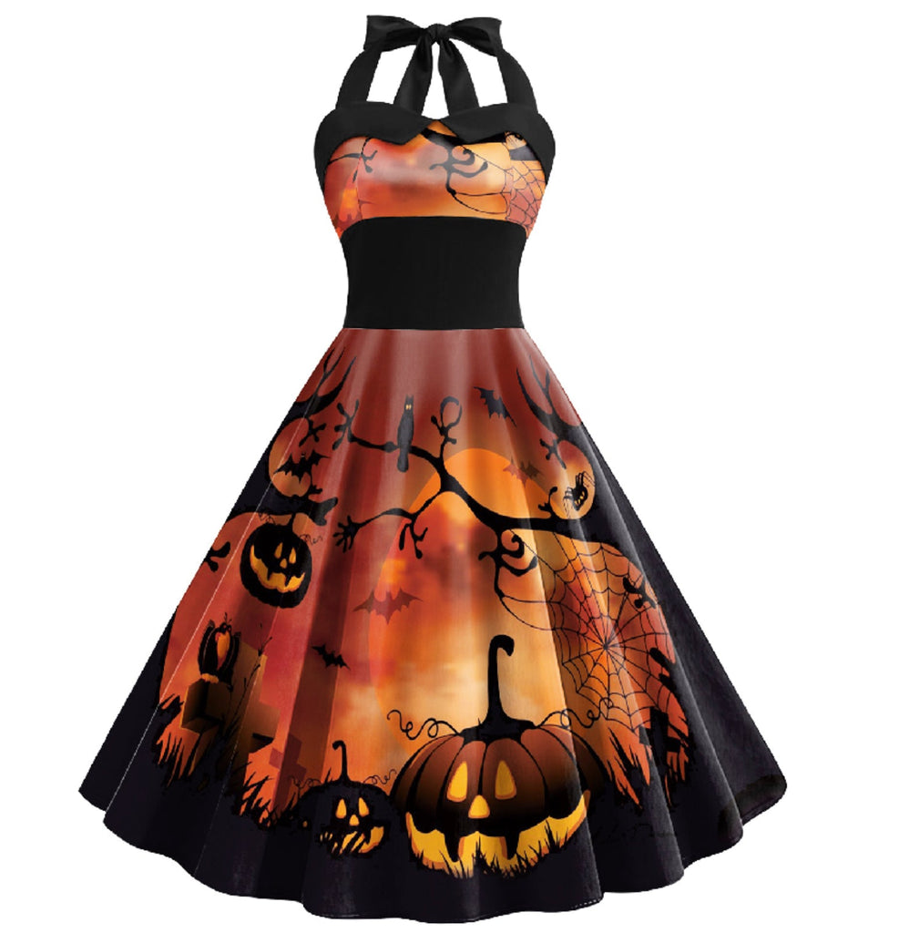 Robe trapèze patchwork dos nu Halloween années 1950