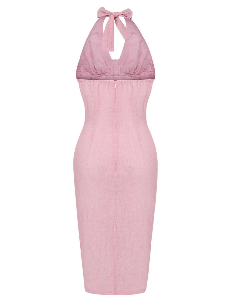 Robe fendue rose à rayures dos nu des années 1960