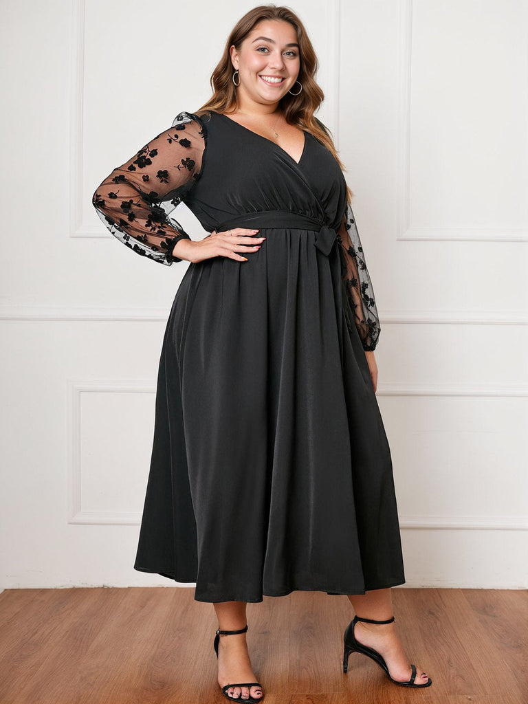 [Grande Taille] Robe noire à manches en maille florale des années 1950