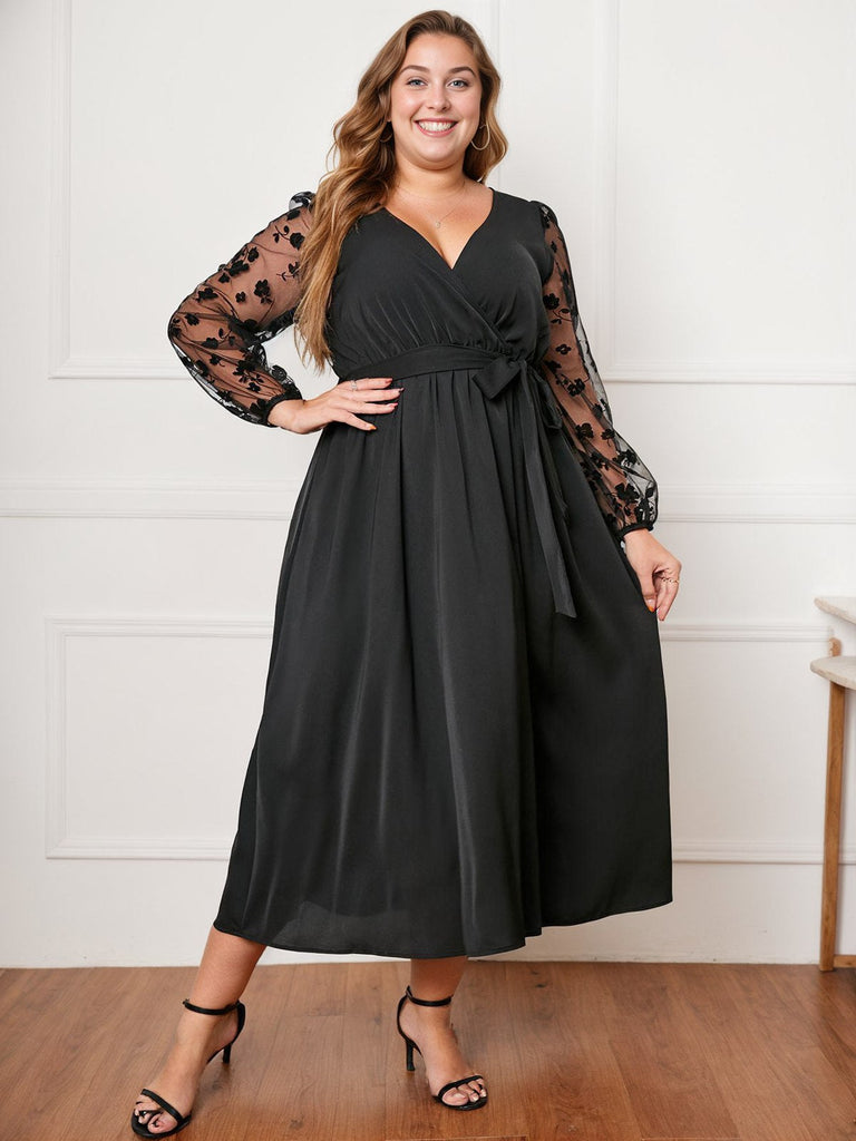 [Grande Taille] Robe noire à manches en maille florale des années 1950