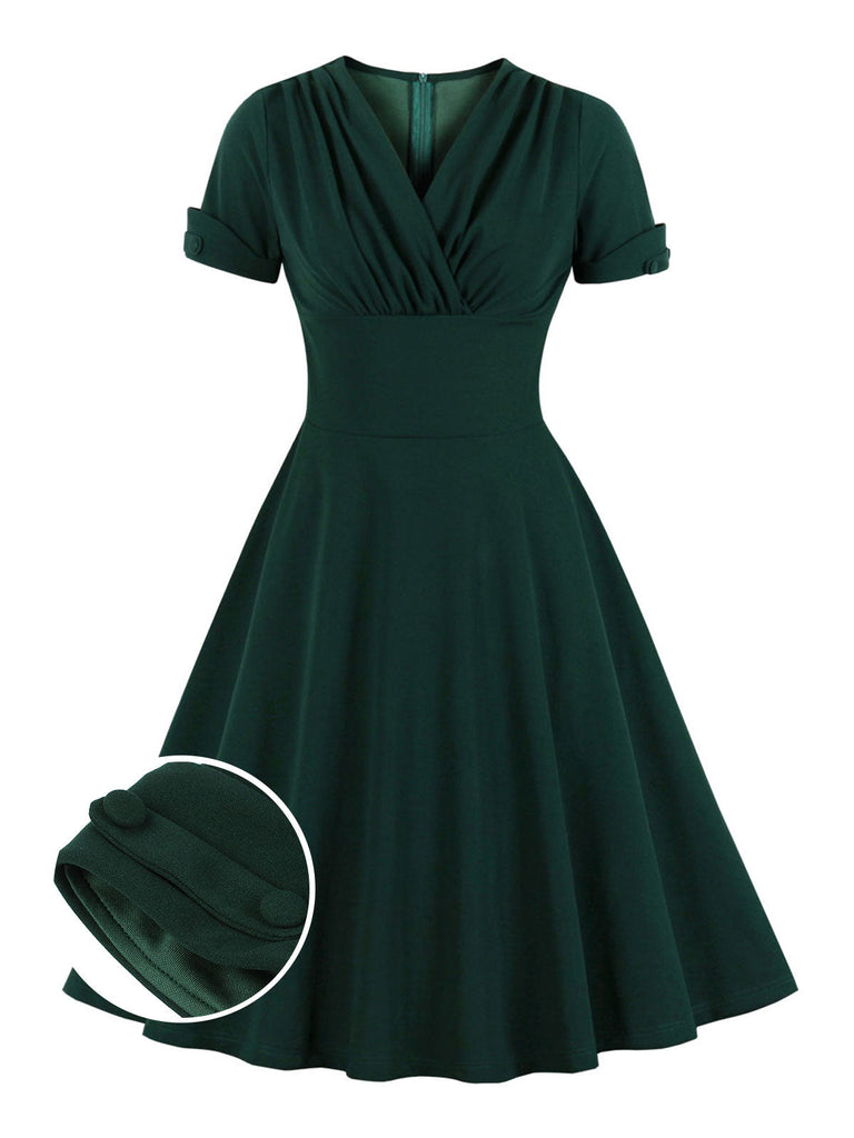 [Grande Taille] Robe trapèze unie à col en V vert foncé de des années 1950