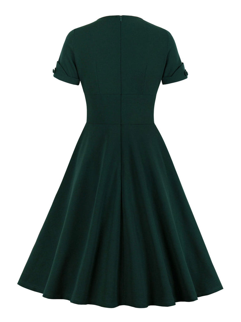 [Grande Taille] Robe trapèze unie à col en V vert foncé de des années 1950