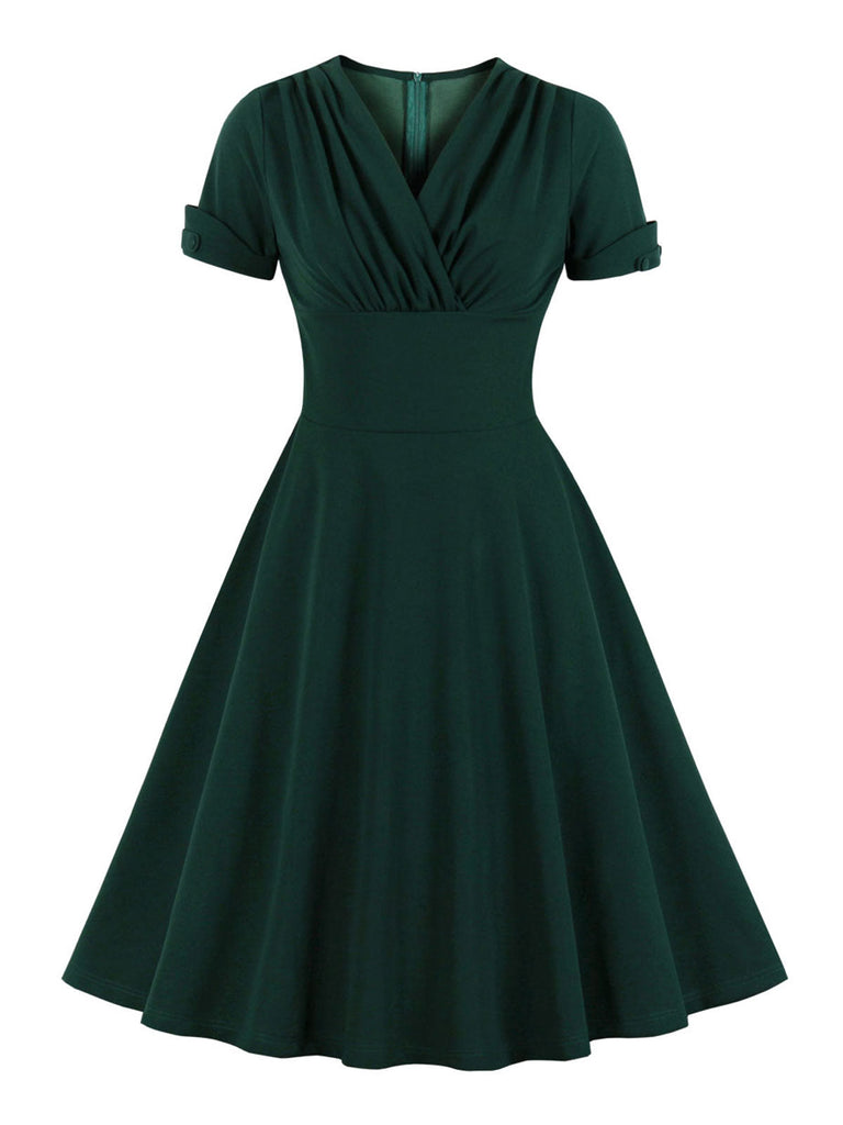 [Grande Taille] Robe trapèze unie à col en V vert foncé de des années 1950