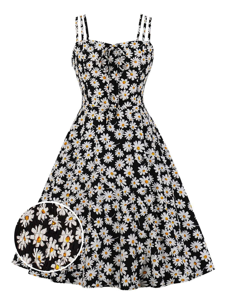[Grande Taille] Robe marguerite noire à bretelles spaghetti des années 1950