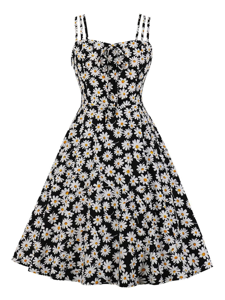 [Grande Taille] Robe marguerite noire à bretelles spaghetti des années 1950