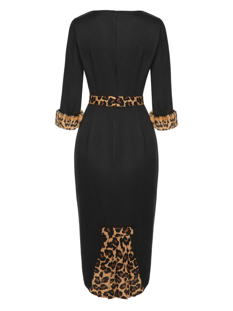 Robe portefeuille asymétrique léopard noire des années 1960 à ourlet brut