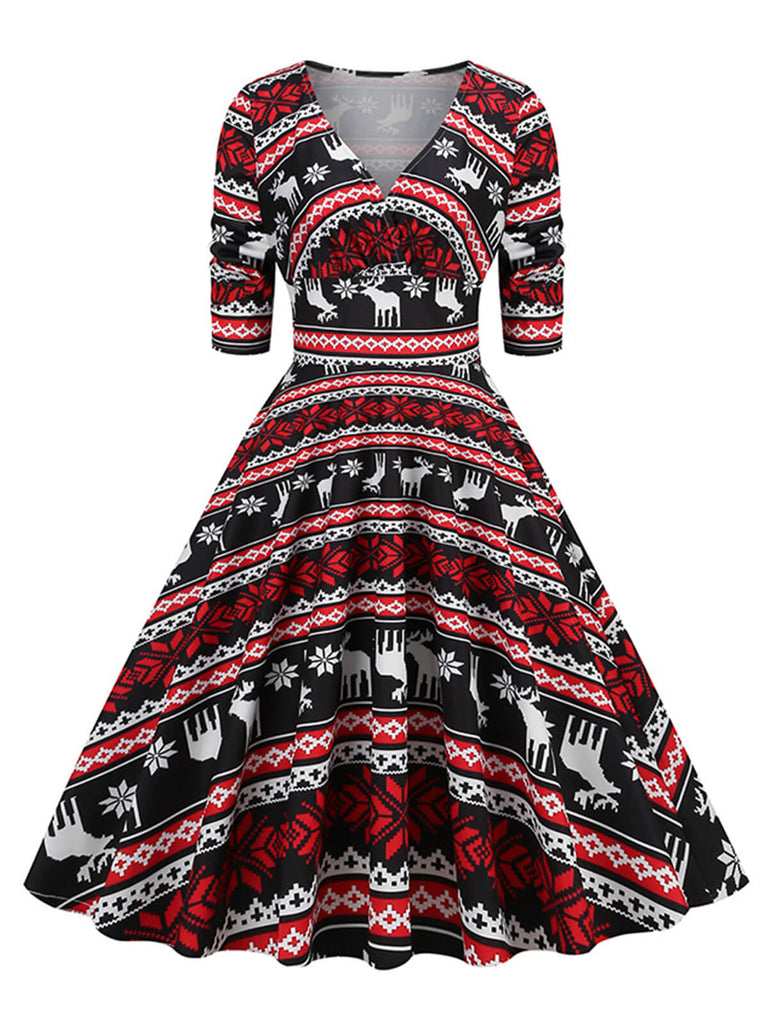 Robe de Noël col V à manches mi-longues des années 1950