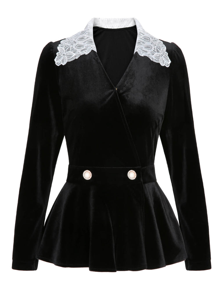 2PCS Haut et jupe sirène en velours et dentelle noir uni des années 1930