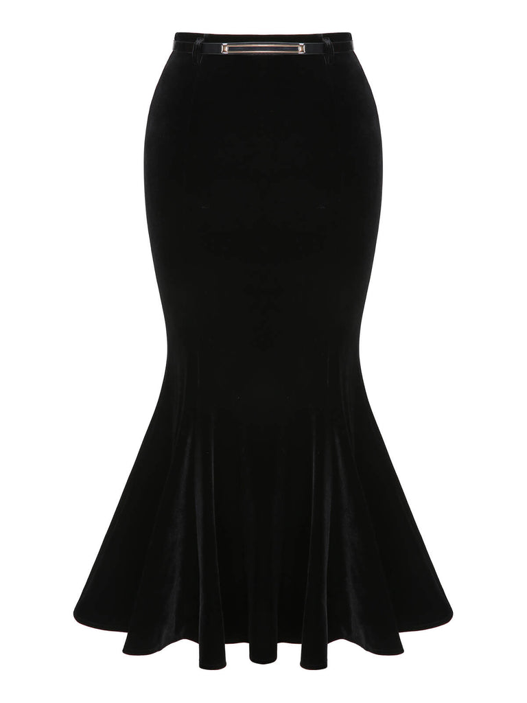 2PCS Haut et jupe sirène en velours et dentelle noir uni des années 1930