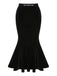 2PCS Haut et jupe sirène en velours et dentelle noir uni des années 1930