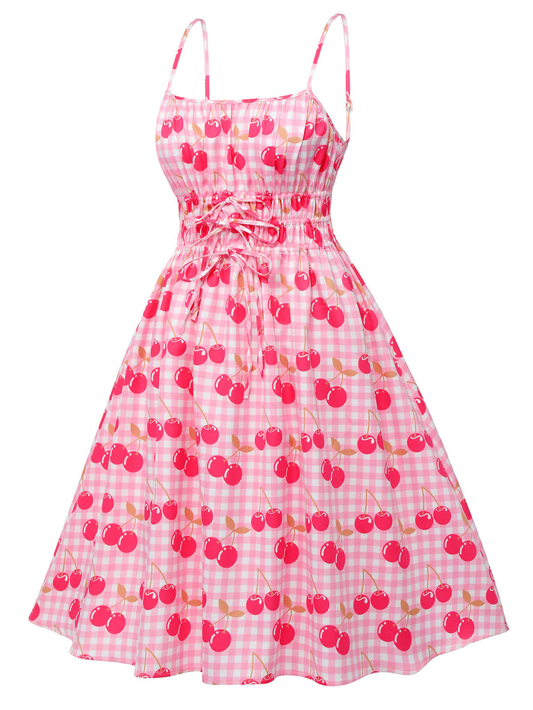 Robe rose à bretelles spaghetti cerise des années 1950