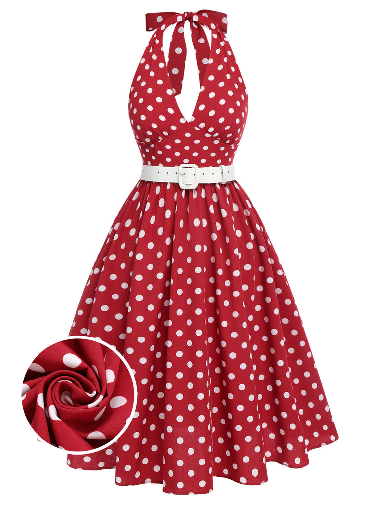Robe dos nu rouge à pois des années 1950 Cocktail