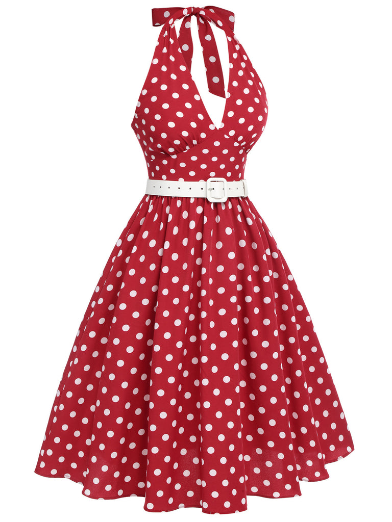 Robe dos nu rouge à pois des années 1950 Cocktail