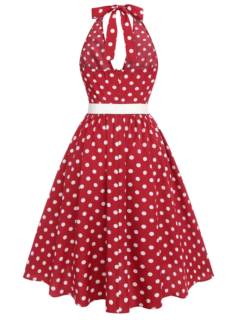 Robe dos nu rouge à pois des années 1950 Cocktail