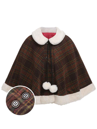 Cape patchwork à col en fourrure à carreaux des années 1960
