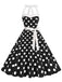 Robe trapèze à ceinture licou à pois bleue des années 1950