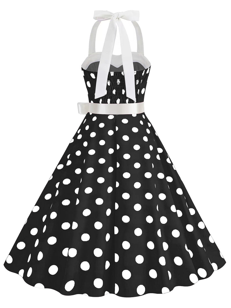 Robe trapèze à ceinture licou à pois bleue des années 1950