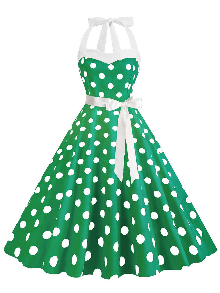 Robe trapèze à ceinture licou à pois bleue des années 1950