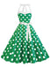 Robe trapèze à ceinture licou à pois bleue des années 1950