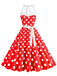 Robe trapèze à ceinture licou à pois bleue des années 1950