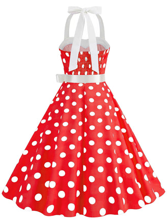 Robe rouge trapèze à ceinture licou à pois années 1950