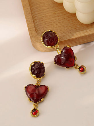 Boucles d’oreilles vintage en résine coeur bordeaux